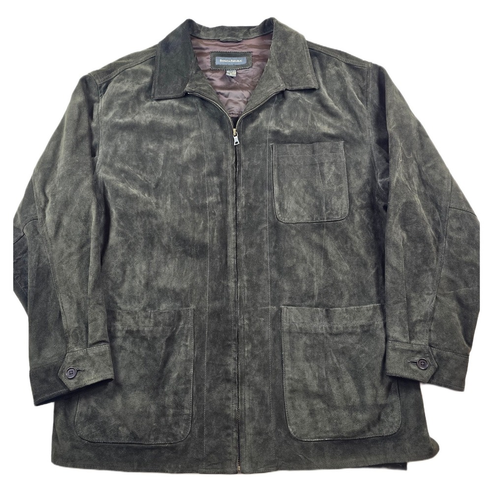 Vintage Banana Republic Suede Leather Jacket Men XL Green Zip Field Utility Coat